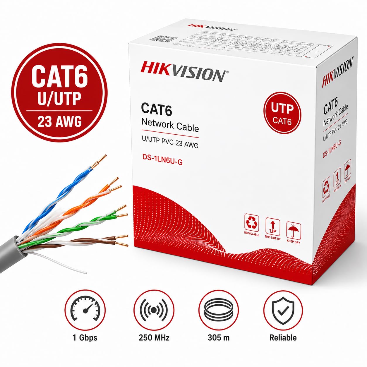 HIKVISION CAT6 Ethernet Cable 305m (Solid Copper, 0.55 mm, Gray)