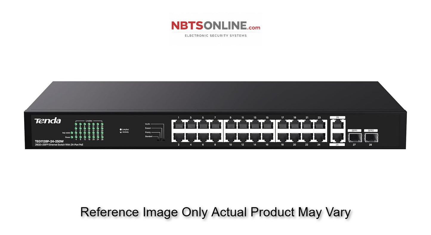 Tenda TEG1128P 26GE+2SFP Ethernet Switch with 24-Port PoE-250W, Compatible with IEEE 802.3af/at Devices, with Two gigabit uplink Port and Two gigabit uplink Optical Fiber Port