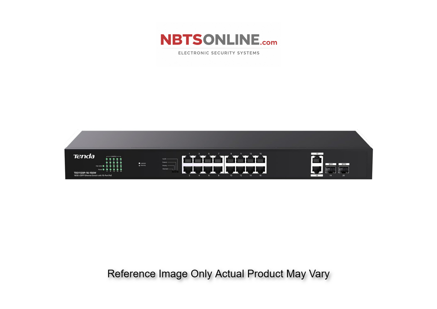 Tenda TEG1120P 18GE+2SFP Ethernet Switch with 16-Port PoE-150W, Compatible with IEEE 802.3af/at Devices, Unmanaged Gigabit Switch with 16 Port PoE+@135W, 2 Uplink RJ45 Ports & 2 SFP Ports