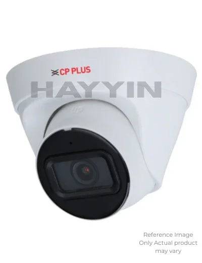 A white CP Plus CP-UNC-DA21L3C-Q-0360 (STQC) 2MP Dome indoor Camera with mic and black lens, features PoE, IP67 weatherproof rating, is dome-shaped and wall-mounted. The red CP PLUS logo appears on the upper casing. Lens: 3.6mm.