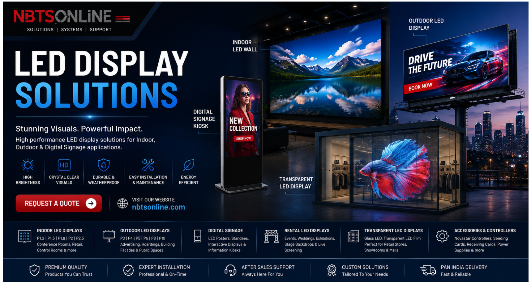 Promotional image of LED display solutions with various applications and features.